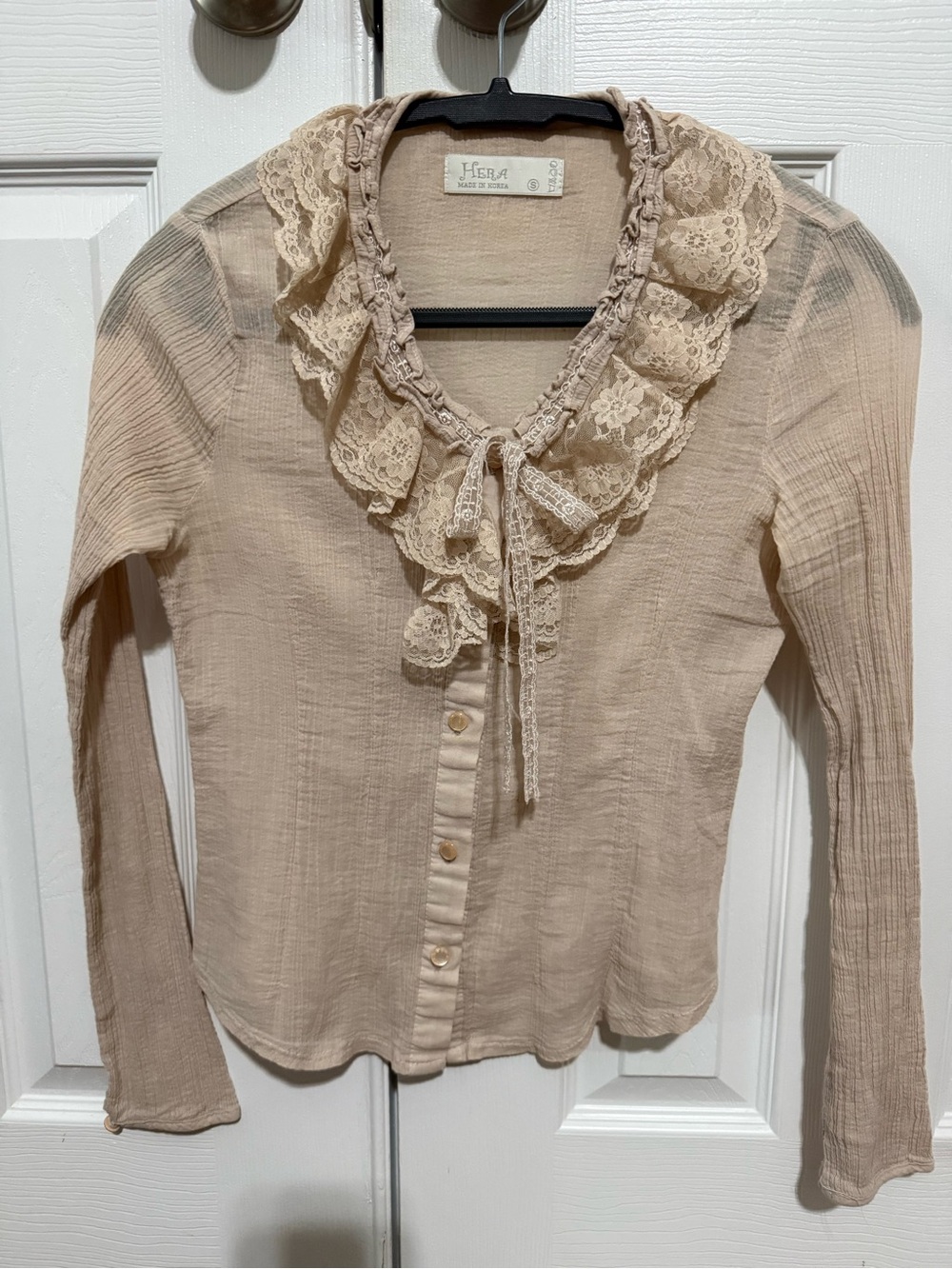 Beige Lace-Trim Button Down Women's Blouse